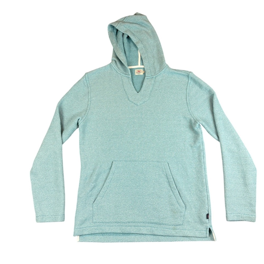 Faherty Mens Large Aqua Blue Textured Cotton Knit Hooded Pullover Beach Top Surf